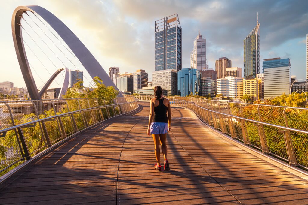 Elizabeth quay park, Perth cityscape building landmark in Australia city with blue sky. Travel Guide Perth Australia