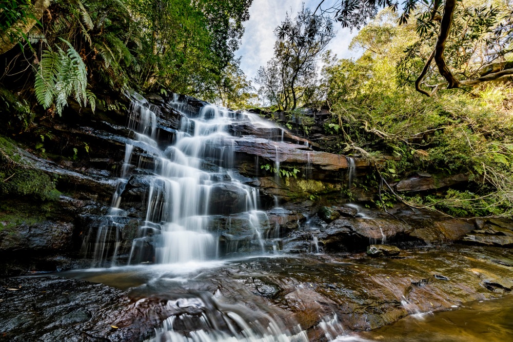 Central Coast. Water rushing down Somersby Falls waterfall after a heavy rainfall, NSW, Australia on slow shutter with beautiful lush forest