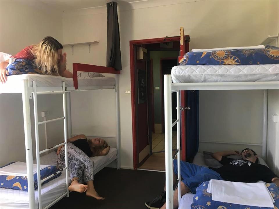 Shared domitory room with travellers relaxing in the bunk beds as they talk amongst themselves at Beachside Backpackers