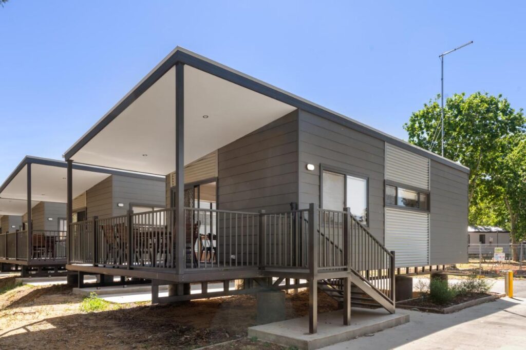 One of the stylish cabins at  Discovery Parks Maidens Inn Moama