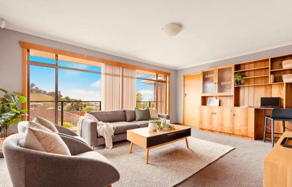 crisp clean modern lounge room at Natural & Relax House in Ulverstone