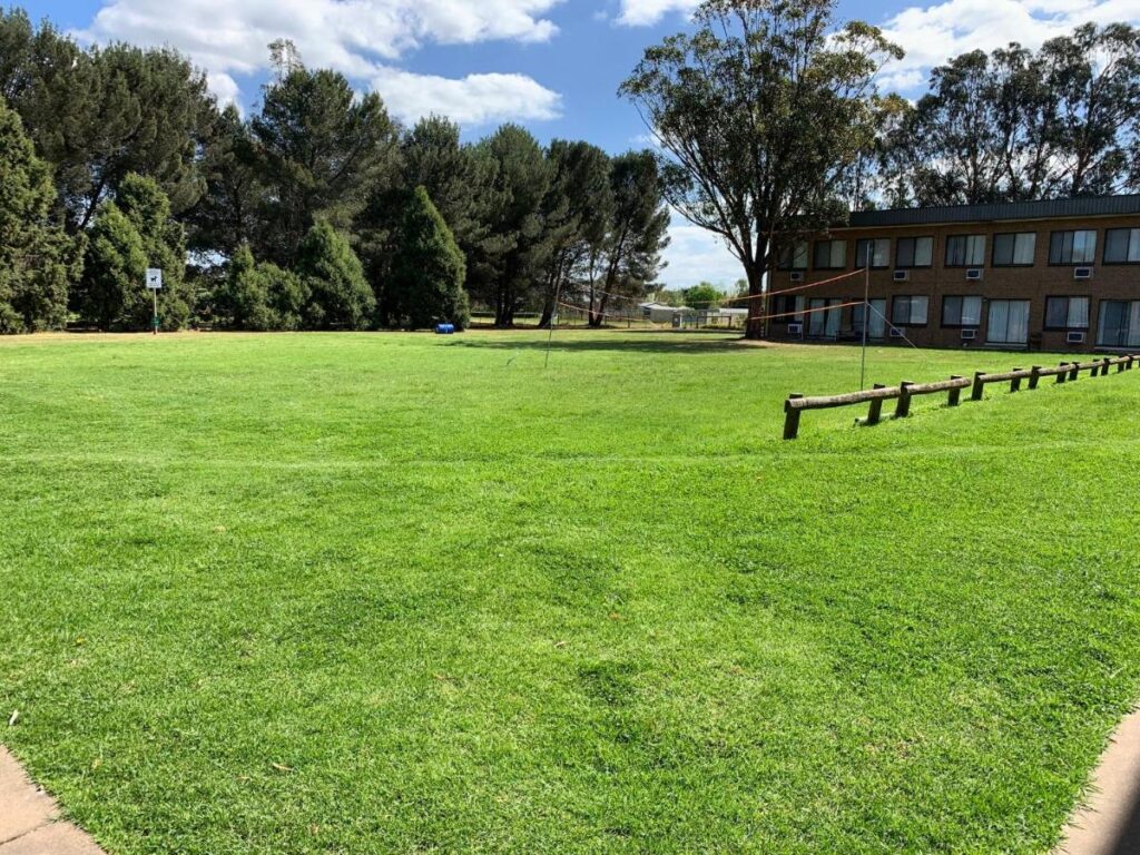 A spacious outdoor area with fresh green grass to stretch and catch some rays and a volleyball net to play a game or two in the sunchine with other guests at The Reserve Hotel