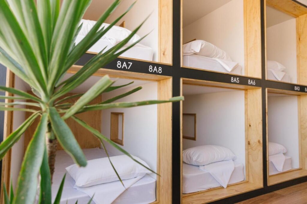 A dormitory with a custom boxed spaces where travellers sleep in a private cubicle like a pod Woopi Backpackers