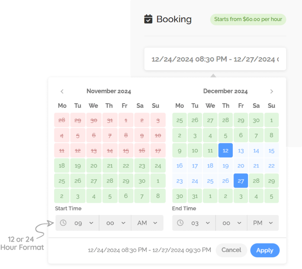 A calendar showing available dates, booked dates and date being booked with hourly option. Create a listing on Trippie